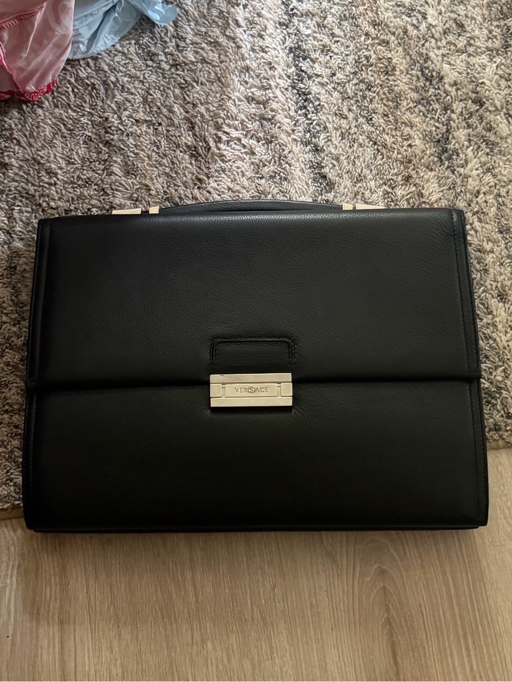 Versace Black Leather Briefcase with Gold Accent Plaque